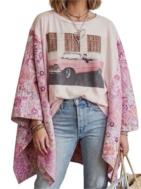 BlueVelvet S/M Pink Graphic Elvis Car Tee with Pink Floral Kantha Kimono Sleeve